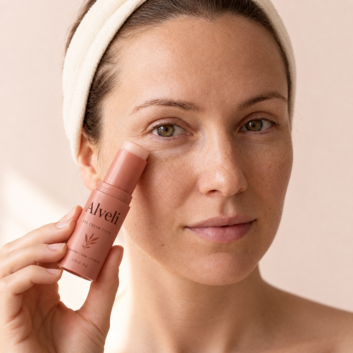 Woman holding the Alveli Rosehip Eye Cream Stick