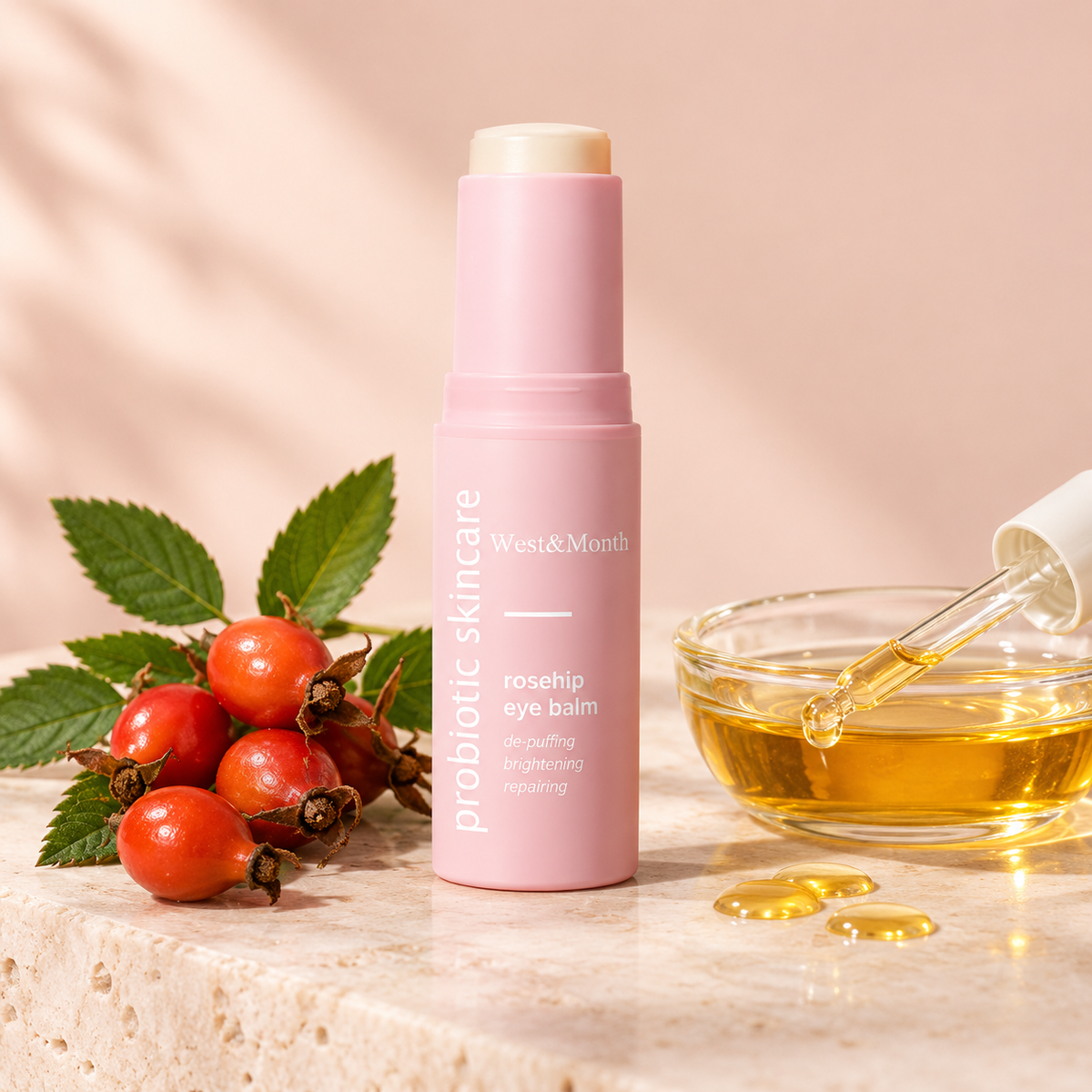 Rosehip eye balm stick with fresh rosehips and a dish of rosehip oil